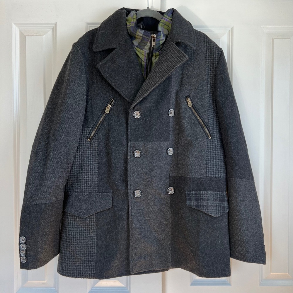 Desigual Men's Gray Patchwork Coat Removable Plaid Vest Lining EU 54 Size XL